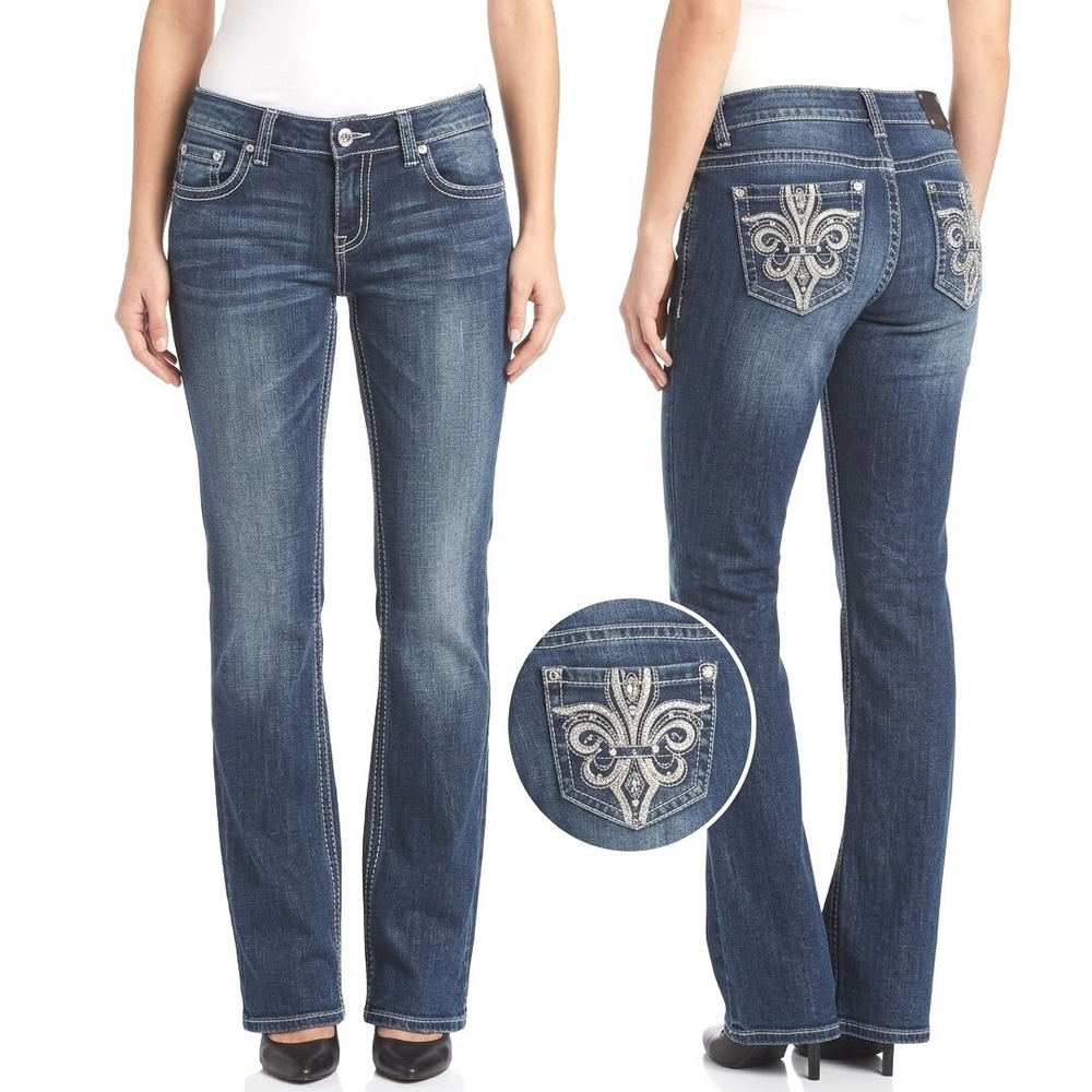 Wired Heart Bootcut Jeans Womens 32 Blue Fleur De Lis Sequin Embellished Stretch